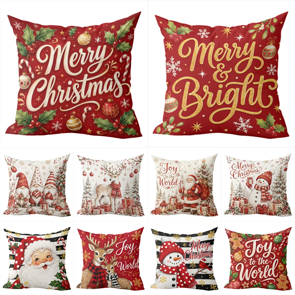 1pcs Christmas Throw Pillow Covers Vintage Xmas Gnome Santa Snowman Reindeer Holiday Cushion Cases for Home Sofa Couch
