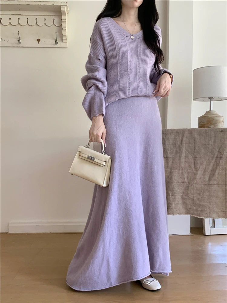 Colorfaith WS6750JX New 2024 Sets 2 Pieces Wild Elegant Lady Korean Fashion Sweaters With Long Skirts Autumn Winter Women Suits