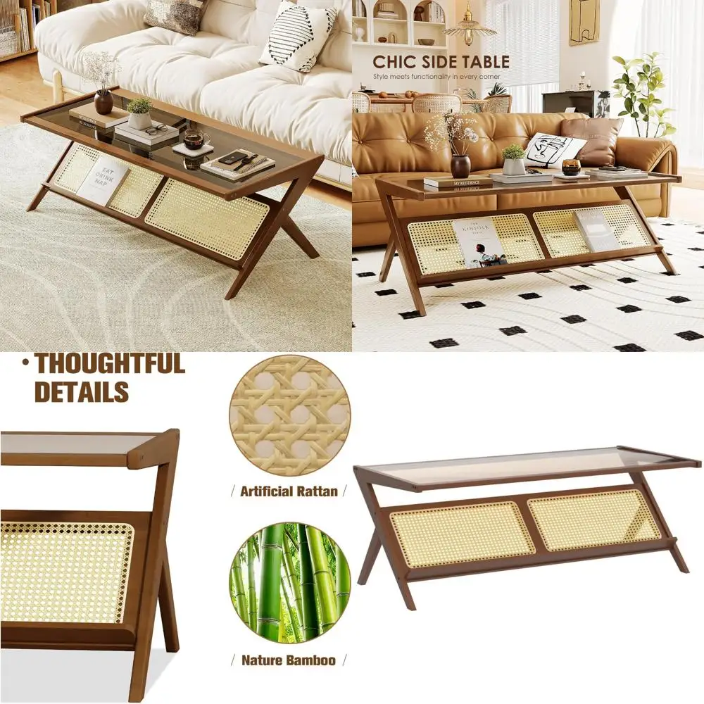 Mid-Century Modern Coffee Table with Glass Top and Rattan Center, Brown Storage Table for Living Room