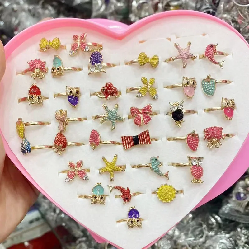 10pc Cute Cartoon Kids Rings Kawaii Children Girls Flower Alloy Finger Ring Child Jewelry Gift Adjustable Rings