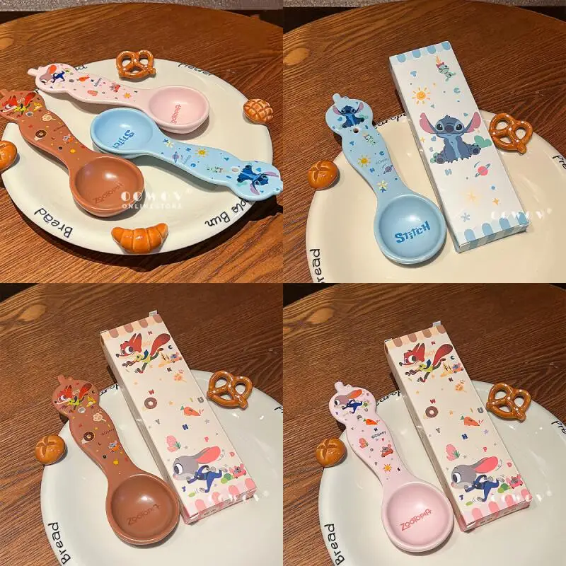 

Новая креативная керамическая ложка Disney Stitch Zootopia, бытовая десертная ложка для прикольной еды, студенческая посуда с мультяшным принтом