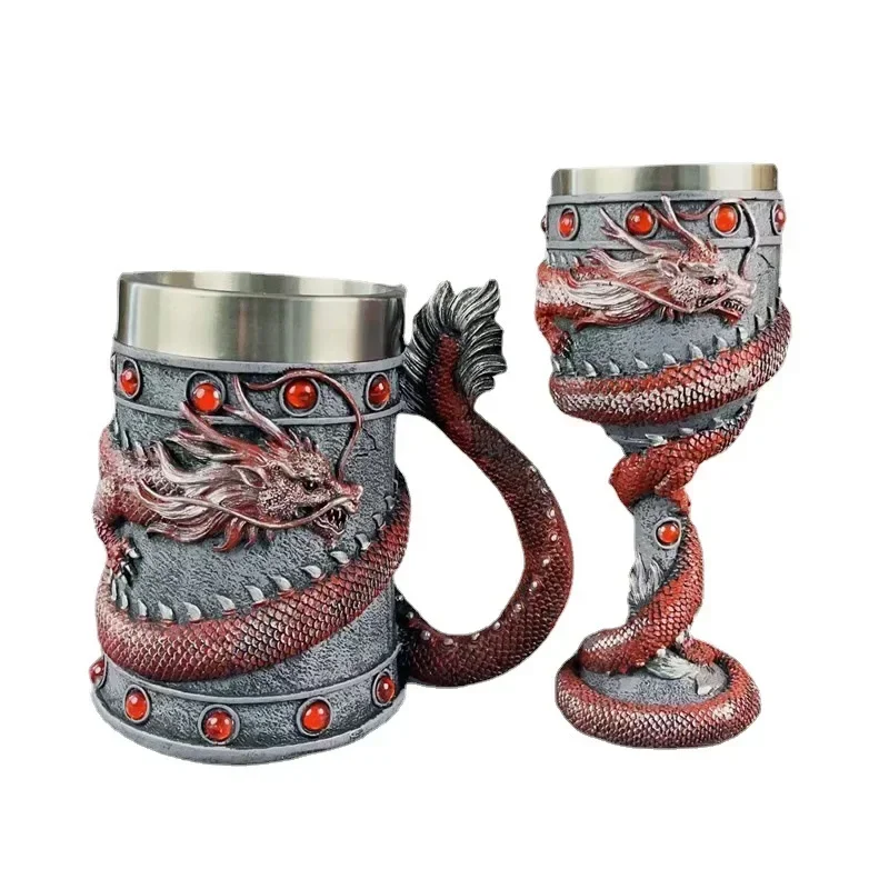 200ML Mighty Asian Golden Red Dragon Goblet Stainless Steel Resin Wine Glass Goblet Bar Drinkware Fantasy 3D Retro Beer Mugs