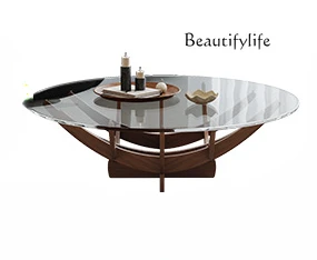 Medieval style all solid wood all tenon and mortise coffee table Nordic living room modern simple round tempered glass tea table