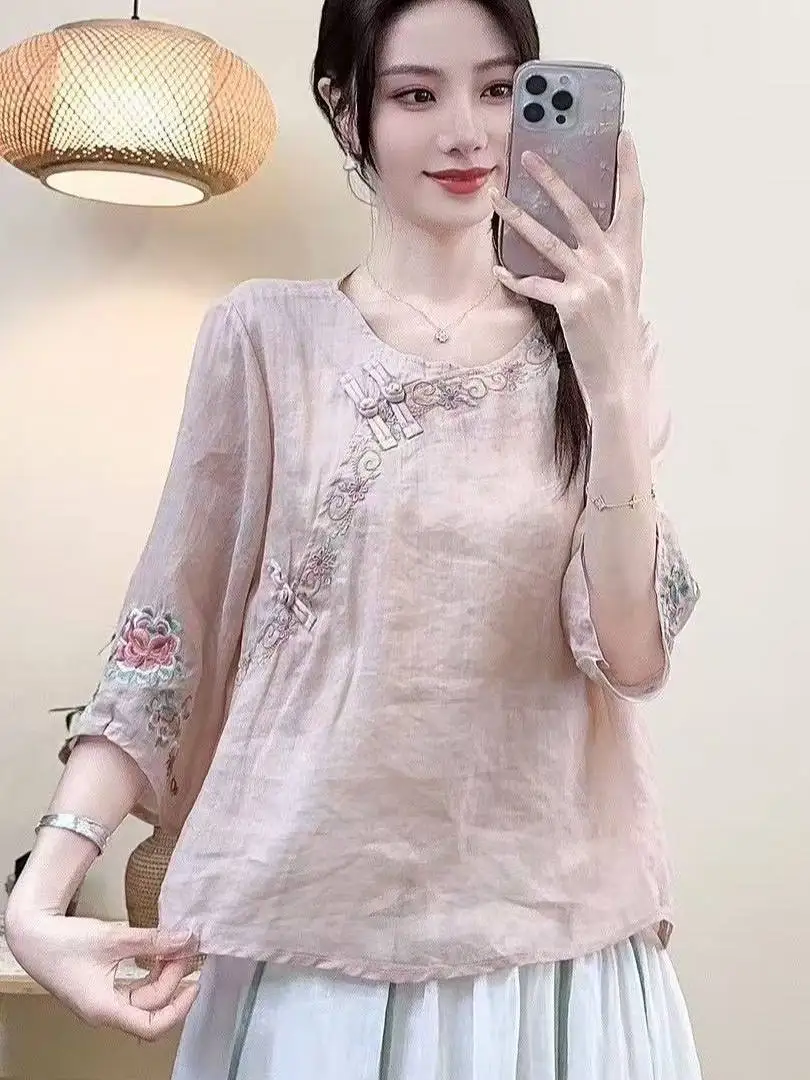 New Women Cotton Linen Embroidered Chinese Style Blouse with Frog Buttons  Hanfu Chino Mujer Blusas Chinas Para Mujer CN-209