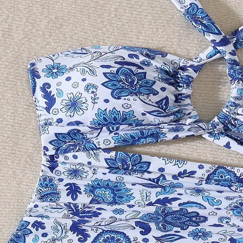 Sexy bleu et blanc porcelaine maillot de bain 1 pièce licou cravate bikinis string maillots de bain body femmes biquini maillots de bain tankini