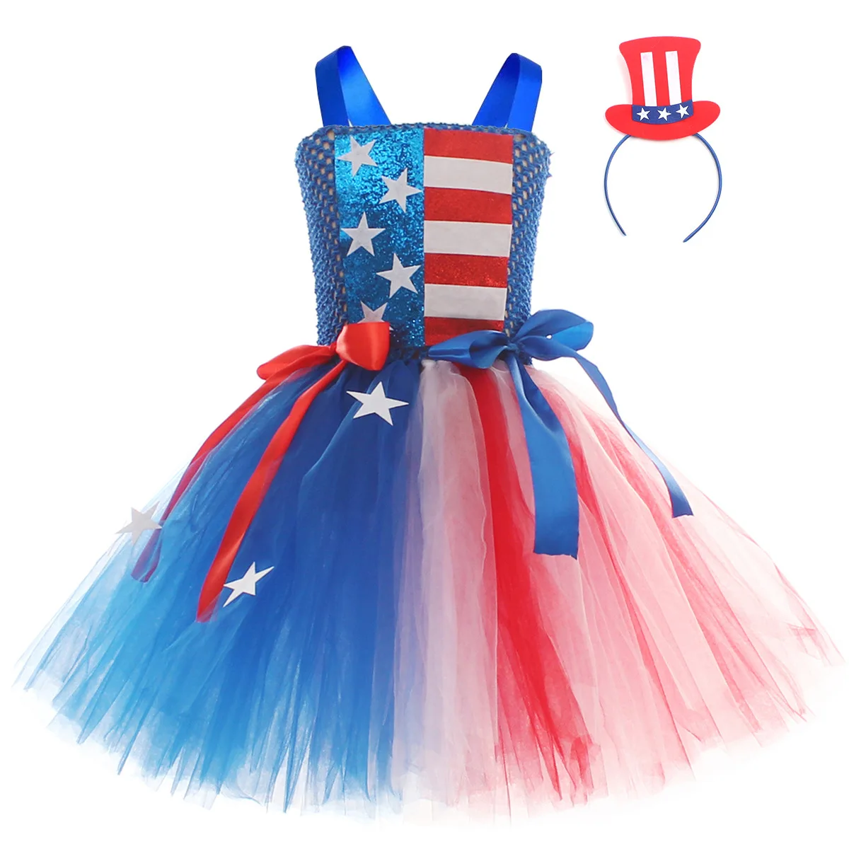 Girls Tutu Dress Suit American Flag Sequin Bow Costume USA Independence Day Stars  Carnival Holiday Outfit Patriotic Clothes