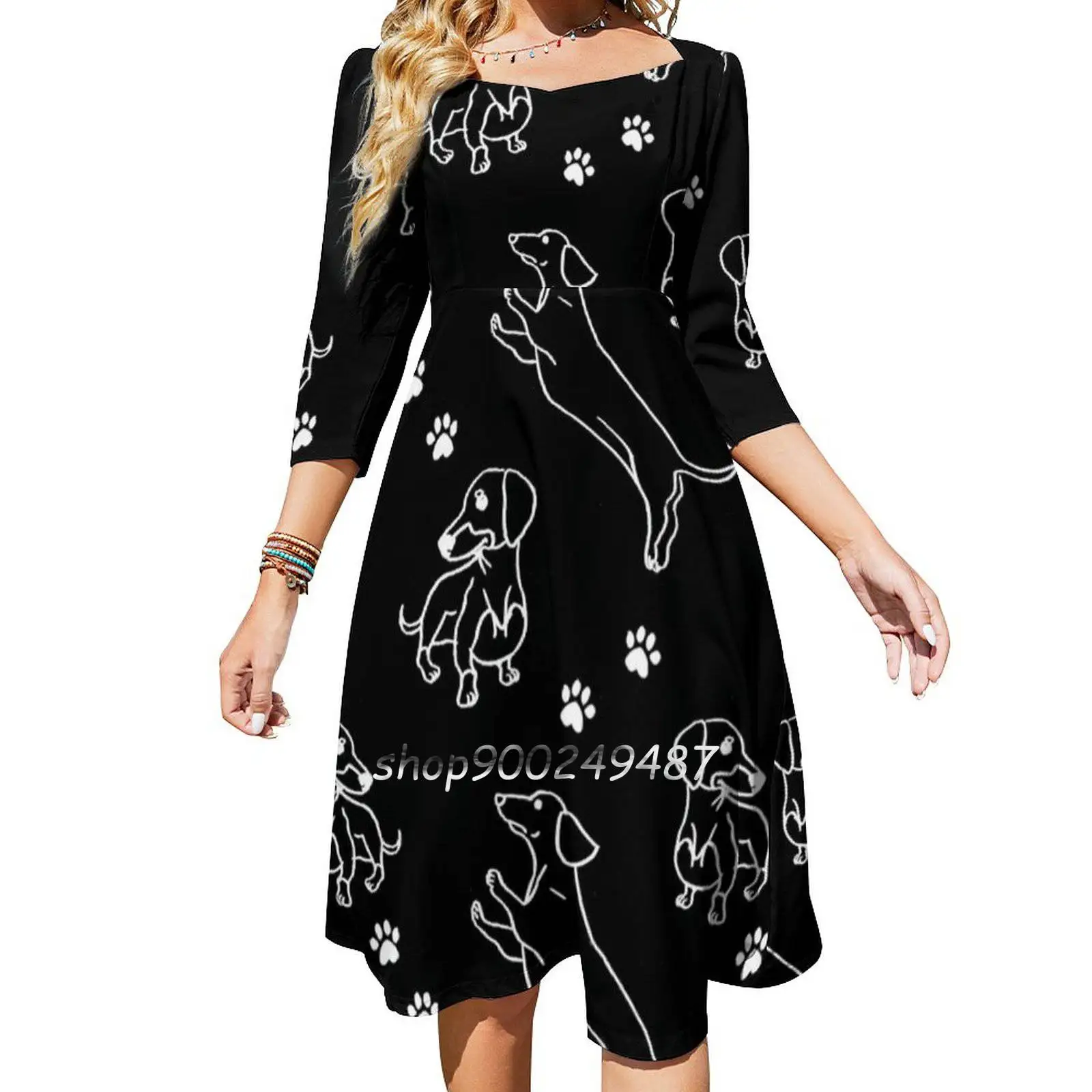 Daschund-vestido negro con escote cuadrado para mujer, vestido elegante de verano con estampado Halter, para perros, Doxie, Dachshund, mascotas