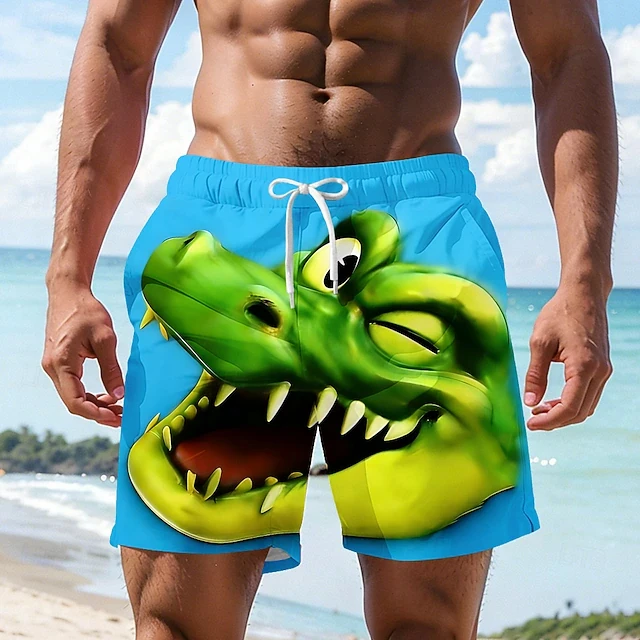 

3D Anime Crocodile Print Mens Beach Shorts Quick Dry Breathable Drawstring Elastic Waist Swim Trunks Funny Novelty Design Shorts
