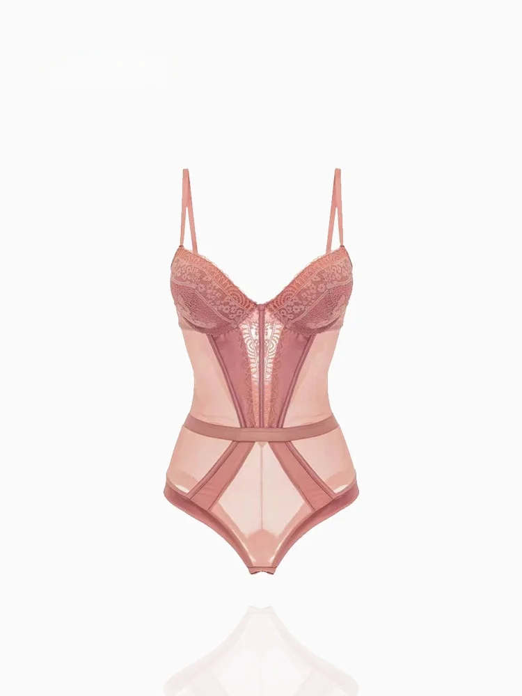 

Sexy Transparent Lace Bodysuit with Bra Thiened Cup Small Chest Underwear Tight Fitting Original Design Fene Undergarment