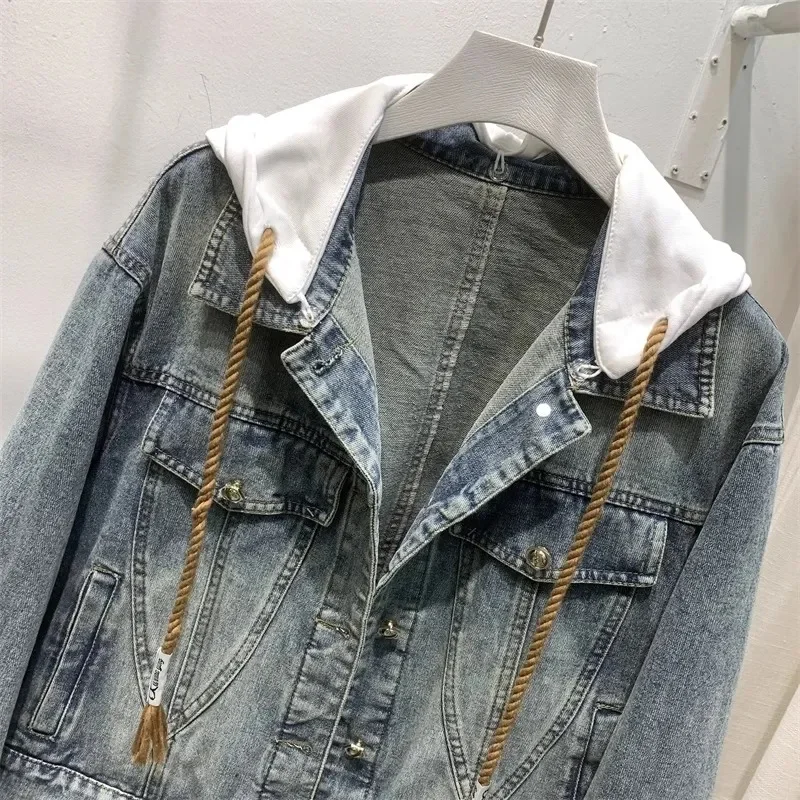 Falso duas jaqueta jeans com capuz feminino, manga comprida, tops curtos soltos de cowboy, casaco casual básico, roupas para primavera, outono, novo