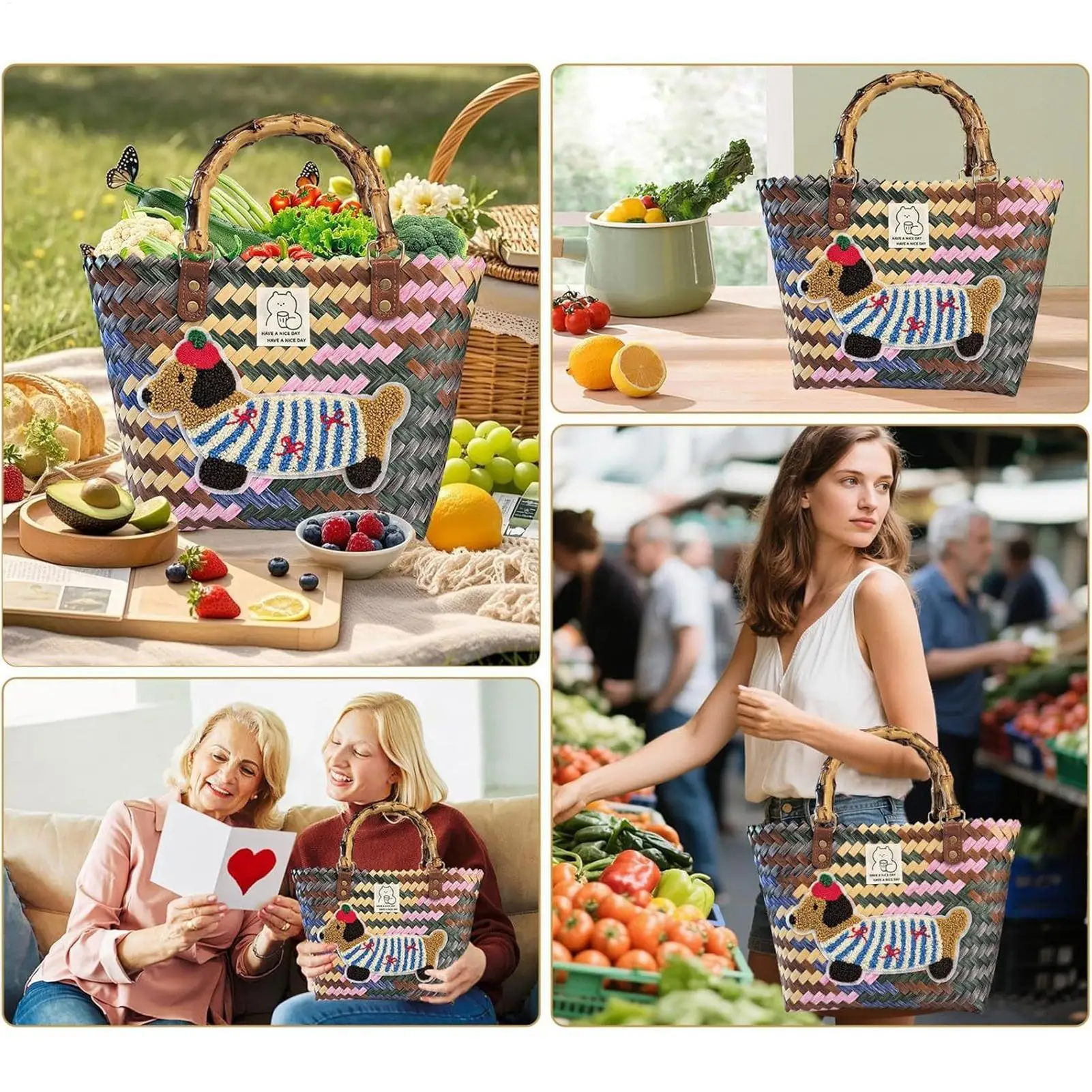 

Straw Beach Tote Dachshund Straw Shopping Bag Woven Handbag Shopping Basket For Work Travel Outdoor Picnic Wedding Dates