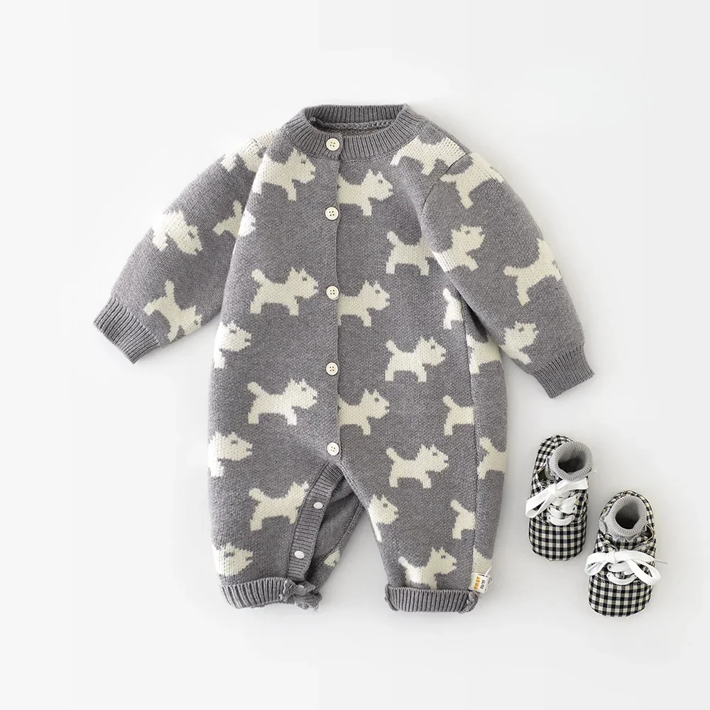 

2025 Autumn New Baby Knitted Romper 0-24 Months Gray Puppy Dog Print Single Button Row Front Infant Jumpsuit