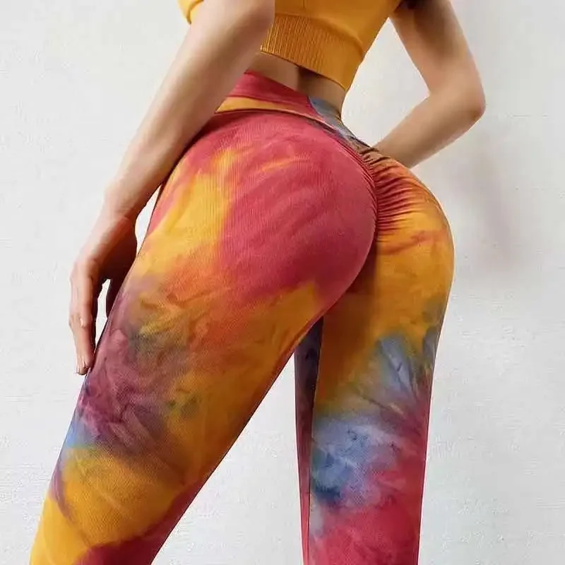 

Double-sided brushed yoga clothing women's tops mesh splicing tie-dye sports running peach fitness suit sports tight yoga pants