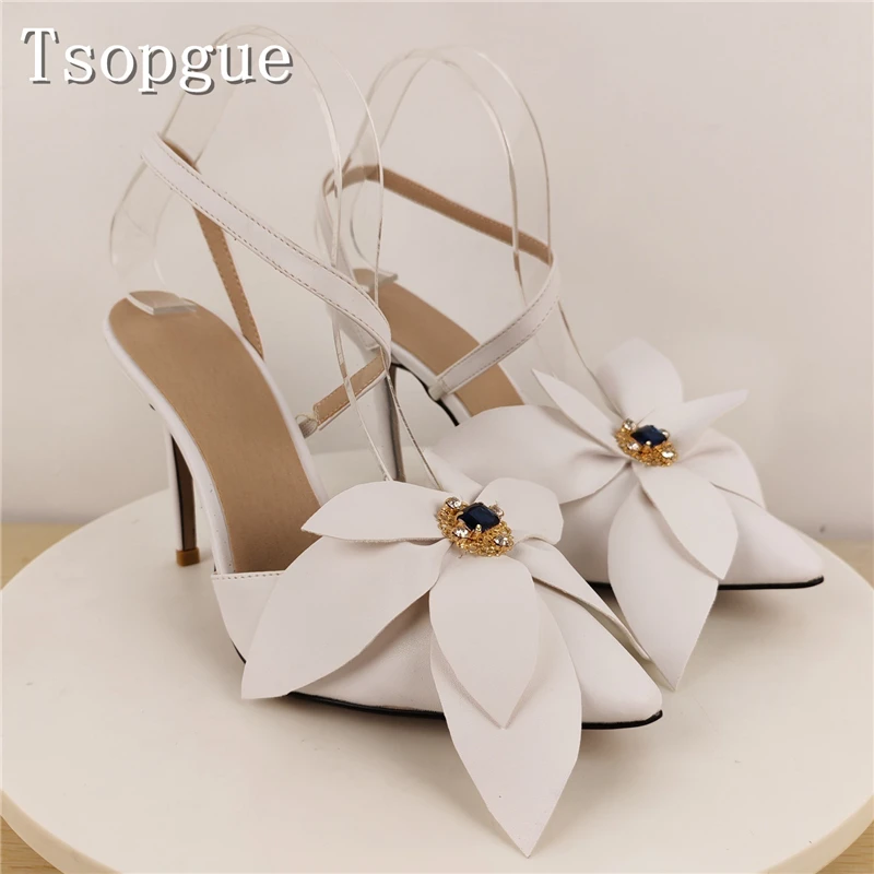 

Luxury Design White Flowers Women Sandals Bling Crystal Pointed Toe Thin High Heels Ladies Party Wedding Dress Shoes