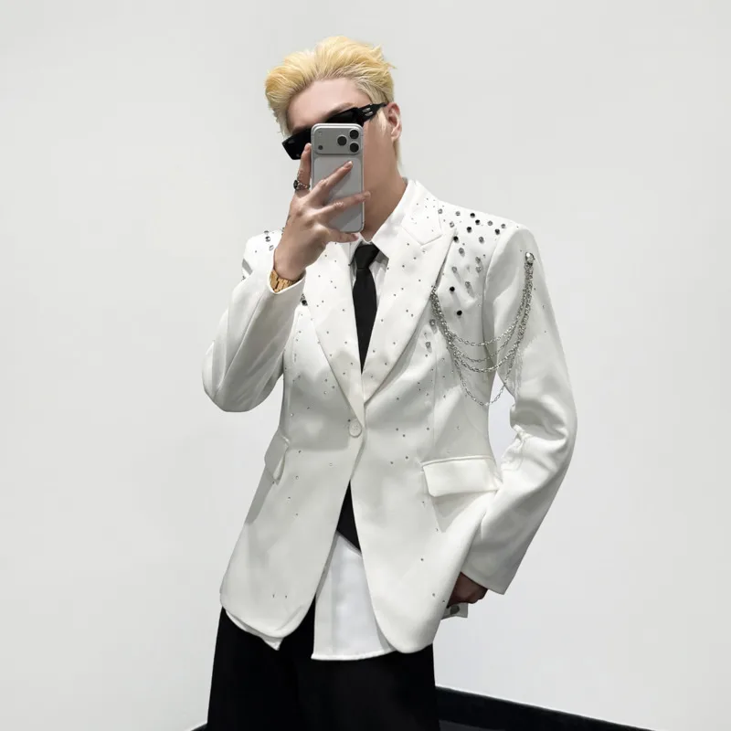 WVGA Spring Autumn New Men Korean Gradient Shimmer Diamond Detachable Multi-layer Metal Chains Blazer Niche Casual Jacket W26002