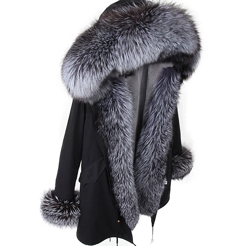 2024 Maomaokong New Winter Women's Cold Coat Inner Fur Jacket Real Natural Silver Fox Fur Collar Parka Luxury Female Clothes