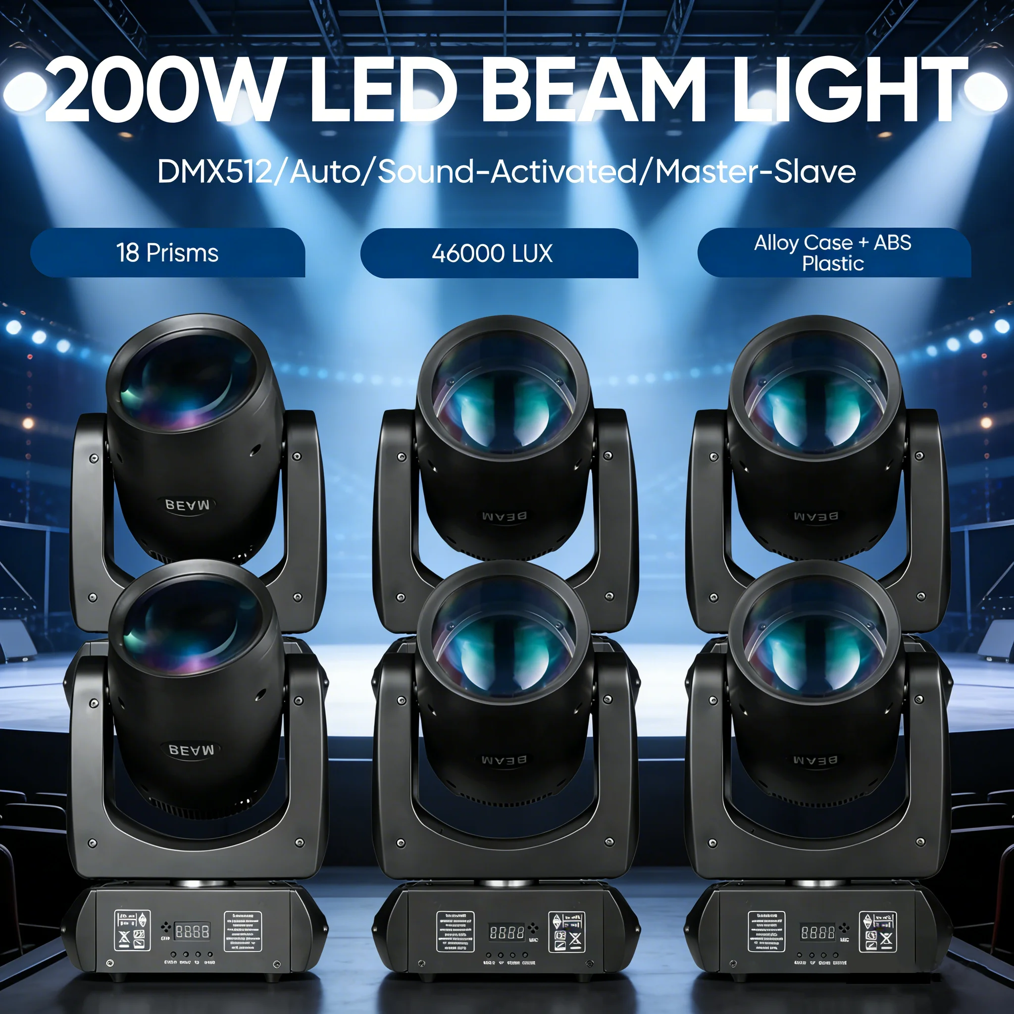 1/2/4/6 200W LED Beam Moving Head Light, 18 prisma's, 46000 LUX, DMX512, geluidsgeactiveerd, automatische bediening, master-slave, podiumverlichting, disco, DJ - afbeelding 1