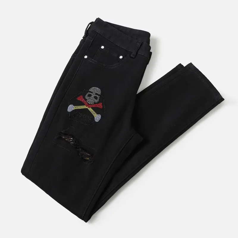 Y2K Fashion New Men's Jeans Skull Pattern Nostalgic Elastic Slimming Water Washed Black Jeans Italian Casual Pants Hombre