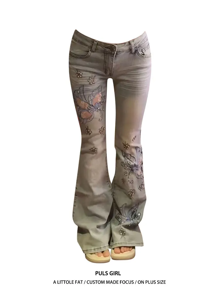 

Retro American Large Size Denim Jeans Women's Hollow out Washed Embroidery Slimming Long Pants High Waist Casual