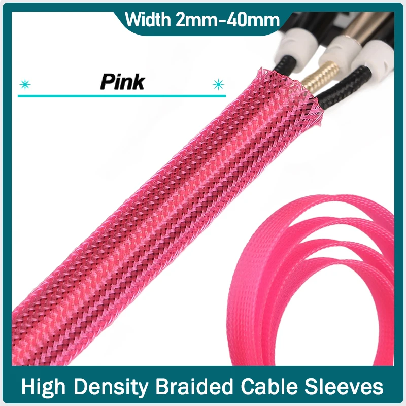 

1-50m UV Pink PET Expandable Cable Sleeve 2-40mm Tight Braided High Density Office Wire Harness Line Protection Wire Wrap Sheath