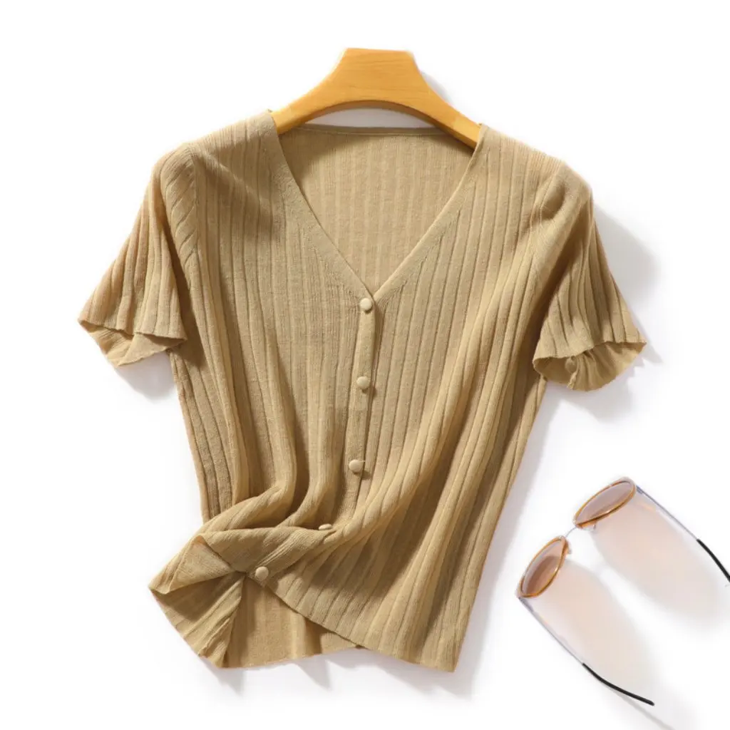 

Women's Ramie Knitted V-Neck T-Shirt Short-Sleeved Loose Fit Pullover Cardigan Thin Summer Top
