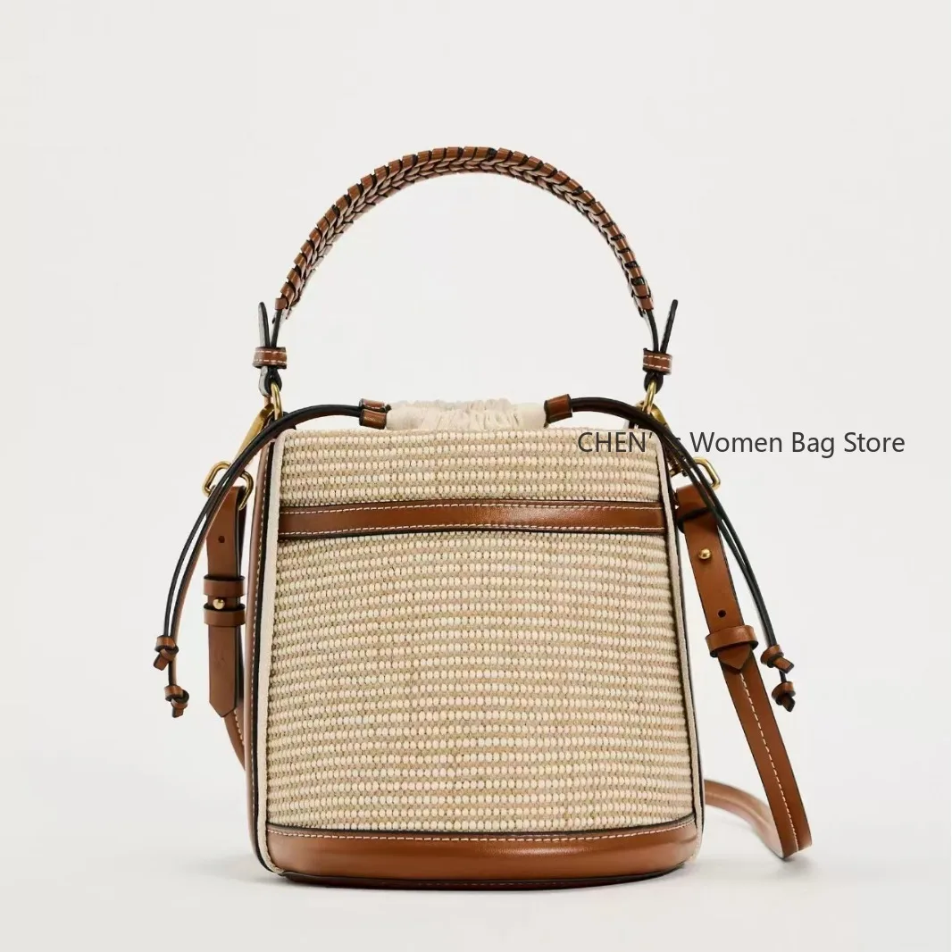 

Fashion Straw Bucket Bag Weave Women Handbags Designer Panelled Shoulder Crossbody Bags Casual Summer Beach Small Tote Purses