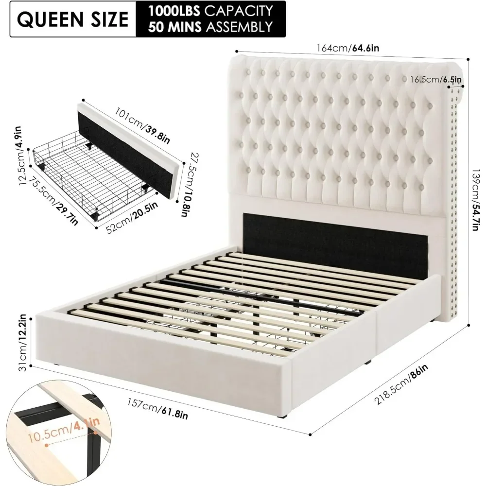 Queen Bed Frame, Tall Headboard, Velvet Fabric Upholstered,4 Under-bed Storage Drawers, Noise-Free, Easy Assembly, Bed Frame