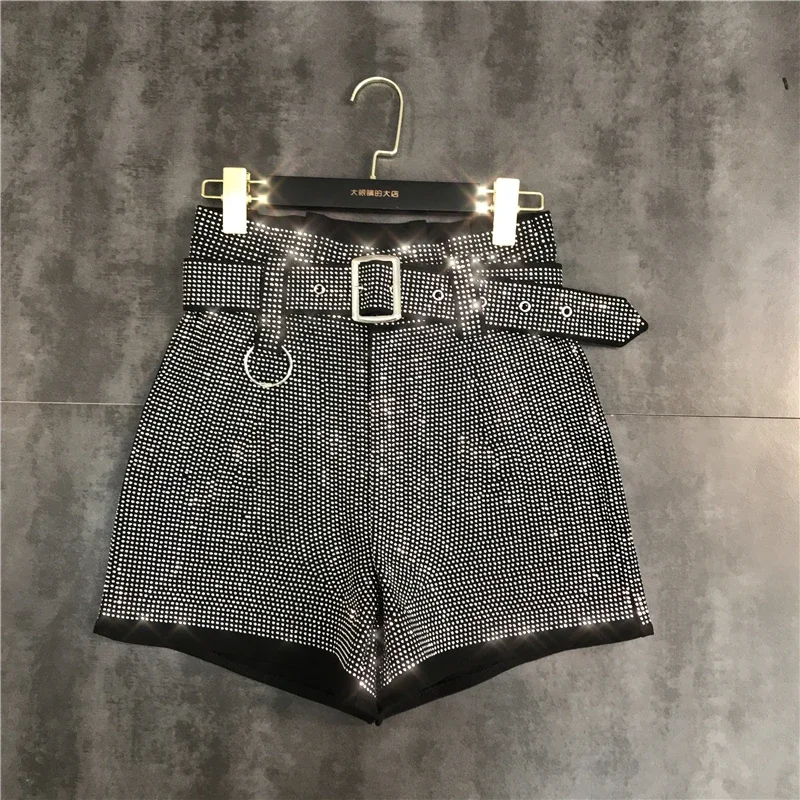 summer New Arrivals Women Black Rhinestone Diamonds Belt Shorts High Waist Fashion Temperament