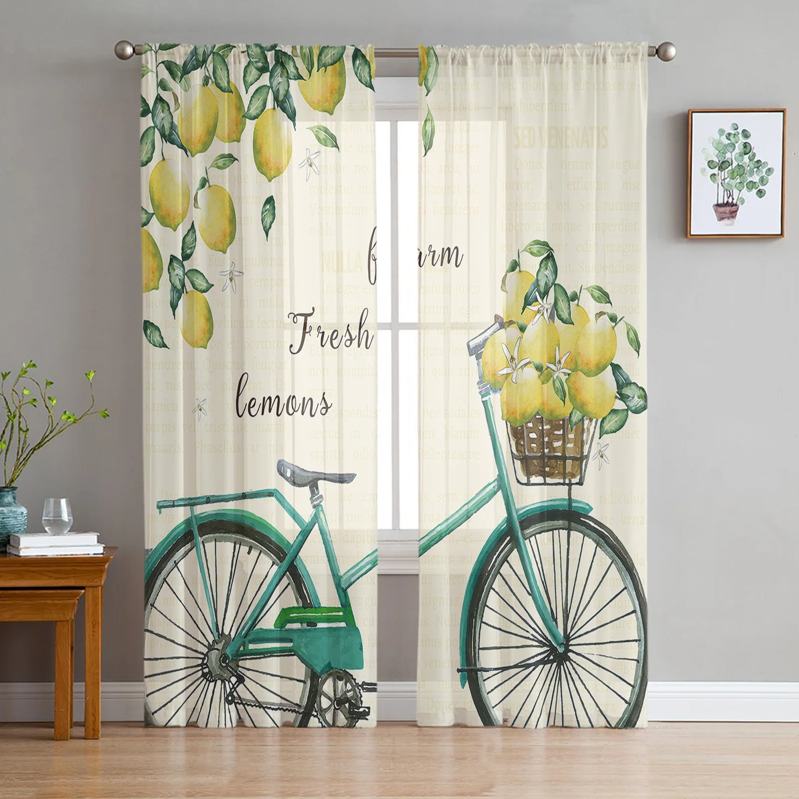 Fresh Lemon Bike Fruit Tulle Curtains for Living Room Bedroom Decoration Modern Chiffon Sheer Voile Kitchen Window Curtain