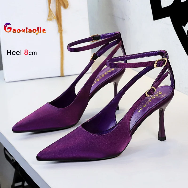 

8CM Thin Heels Women Buckle Strap Purple Sandals High quality Satin Summer Elegant Ladies Shoes New Pointed Toe Slingback Pumps