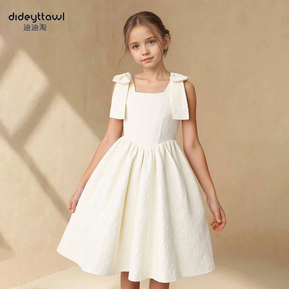 

Dideytawl Customized Ivory Square Neck Bowknot Shoulder Open Back Sleeveless Knee Length Princess Flower Girl Wedding Party Gown