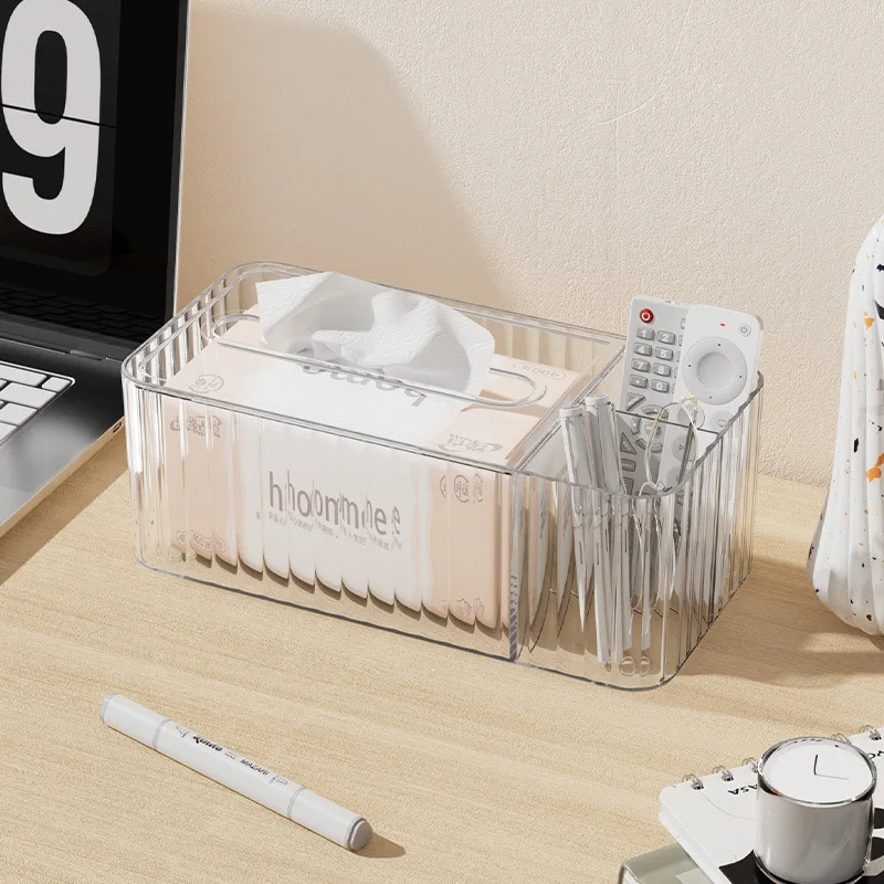 Light Luxury Striped Transparent Tissue Storage Box Living Room Double Compartment Remote Control Desktop Storage Box Tissue Box