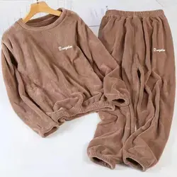 Conjunto de Pijama de terciopelo para mujer, Top elástico holgado de cuello redondo, pantalones ajustados de cintura elástica de lana cálida, otoño e invierno, 2024