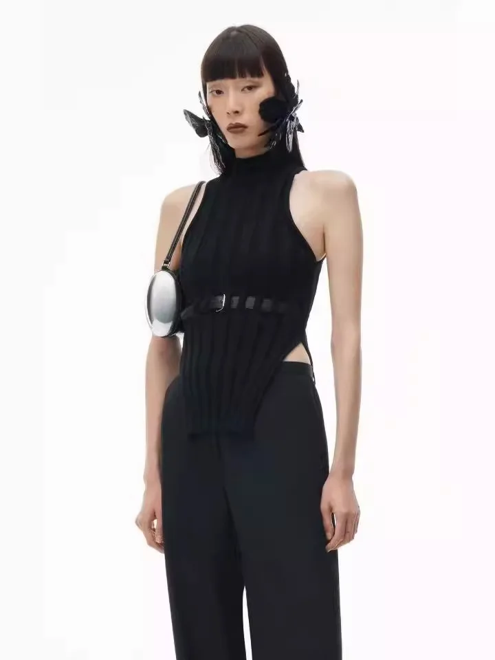 

Black Striped Knitted Sleeveless Belt Vest Shirt 2024 Summer European Fashion Turtleneck Spicy Girl High Quality Tank Tops G375