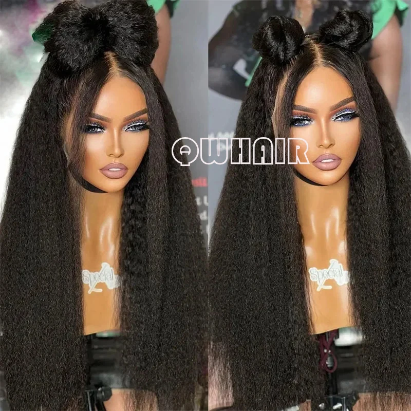 

QW Синтетические волосы Yaki Straight Kinky Soft 13X4 Парик фронта шнурка для чернокожих женщин Бесклеевое термостойкое волокно Косплей Повседневная одежда