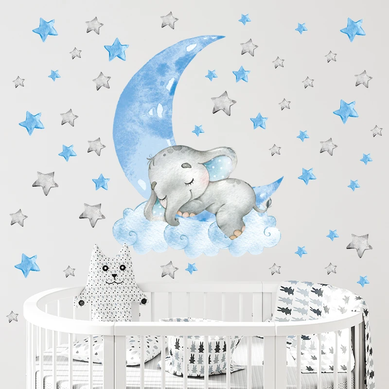 Cartoon Elephant Sleep Cloud Moon Wall Stickers for Kids Room Baby Nursery Bedroom Decoration Children Home Decor Living Room