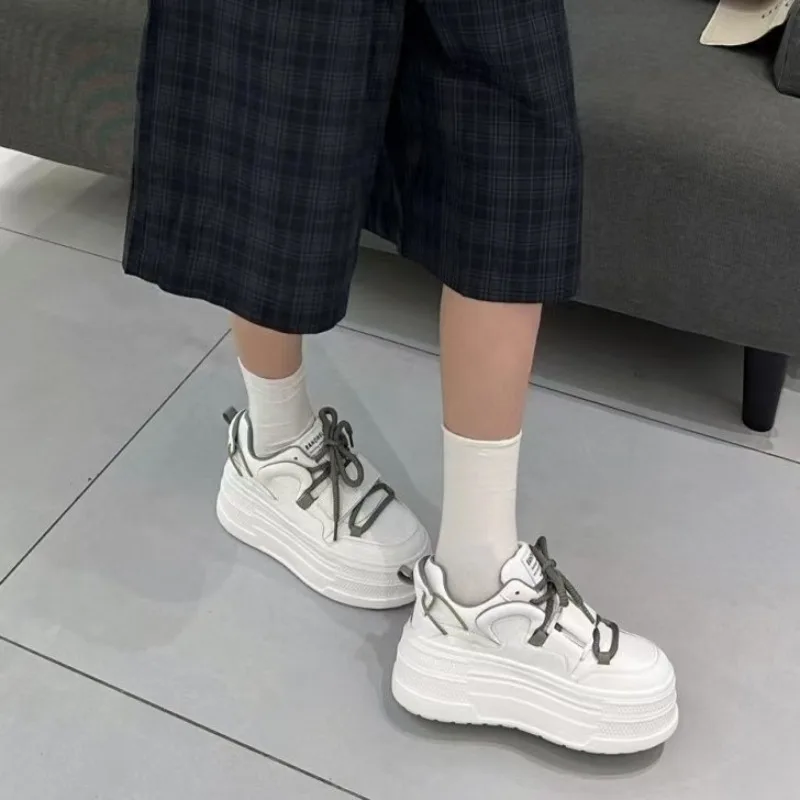 

Осень-зима 202, спортивная обувь, женская кожаная обувь на толстой подошве, увеличивающая рост, женская обувь на шнуровке с круглым носком, женская вулканизированная обувь