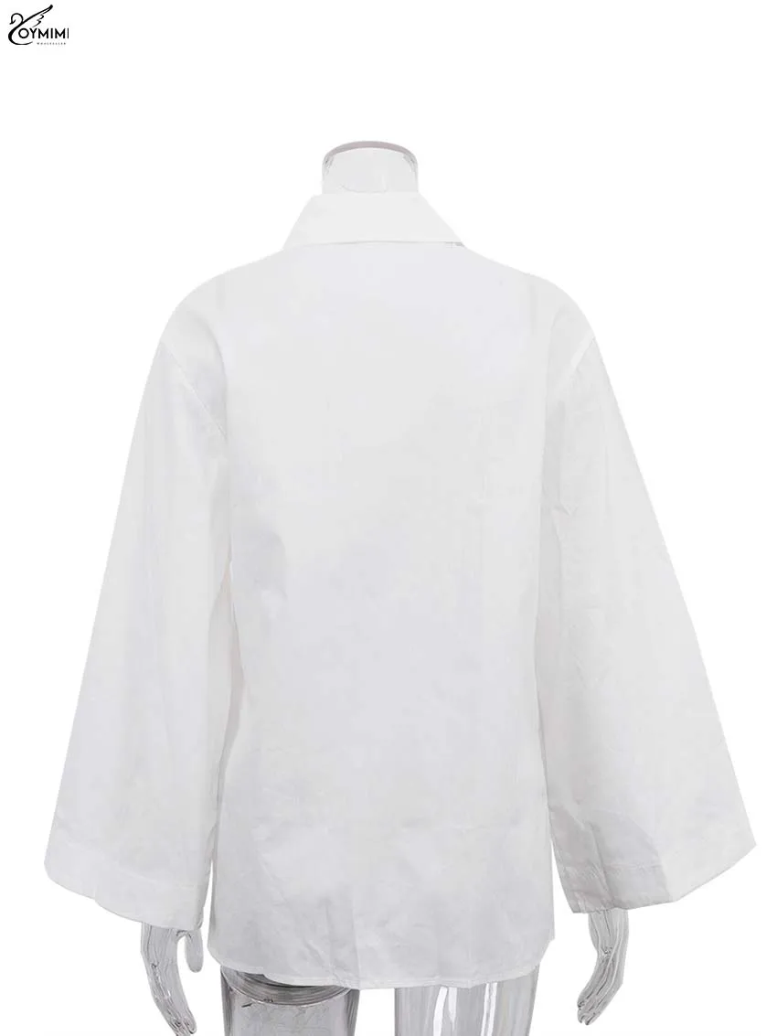 قمصان نسائية قطنية بيضاء عصرية من Oymimi قمصان أنيقة بياقة مقلوبة وأكمام طويلة بلوزات غير رسمية واحدة الصدر للسيدات #6