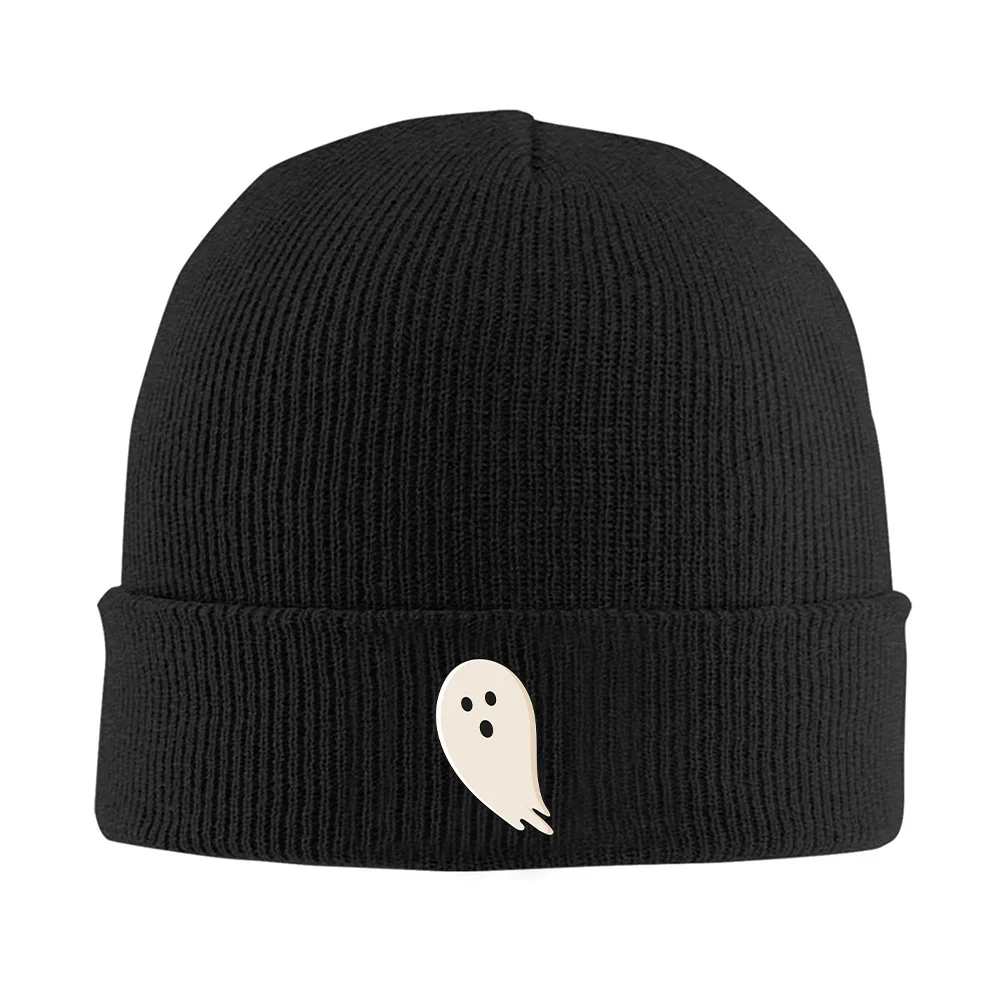 Gorro de Halloween de 1 pieza, gorro de esquí de punto cálido a prueba de viento con bonito diseño de fantasma blanco Sprit, negro con gráfico de Sprit blanco, unisex