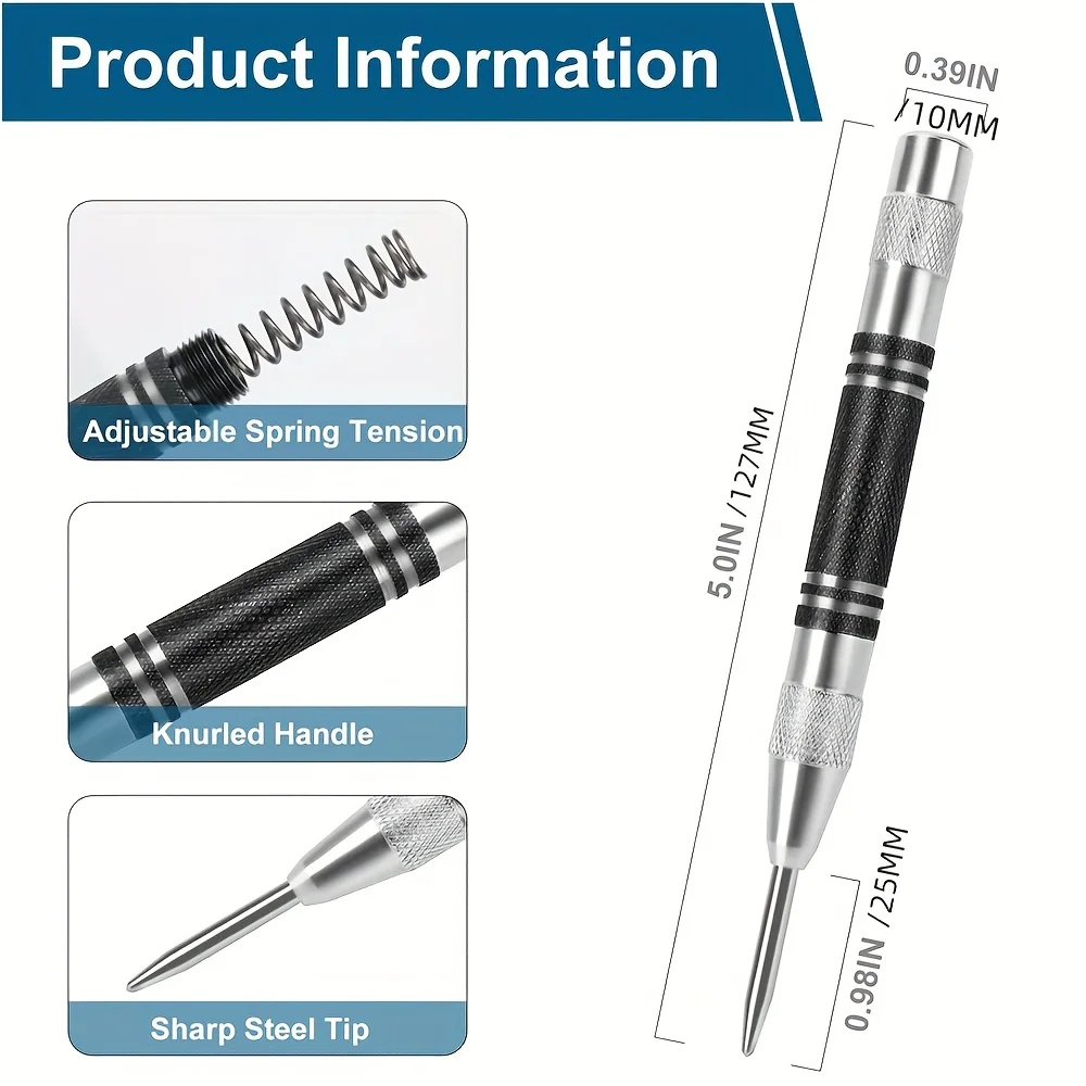 1/5pcs Heavy Duty Automatic Center Punch,Adjustable Spring Impact Hole Marker Scriber for Metal, Plastic, Wood - Precision Tool