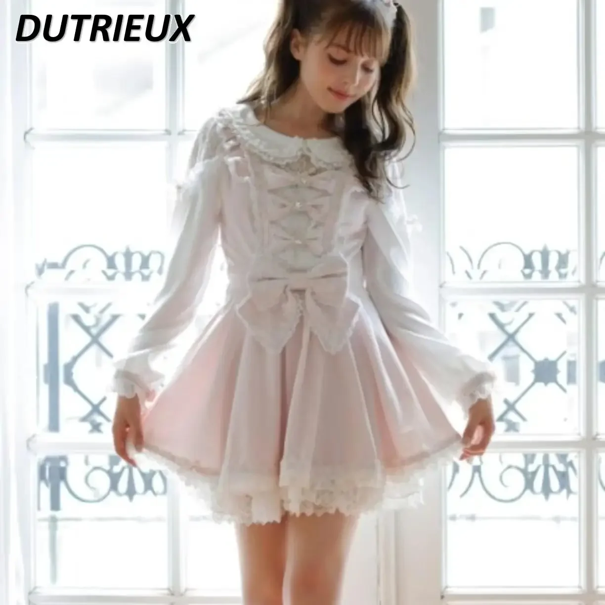 Spring Autumn New Japanese Kawaii Lolita Girl Mine Bow Long-sleeved Dress Waist Slimming Top and Base Shorts Two-piece Set