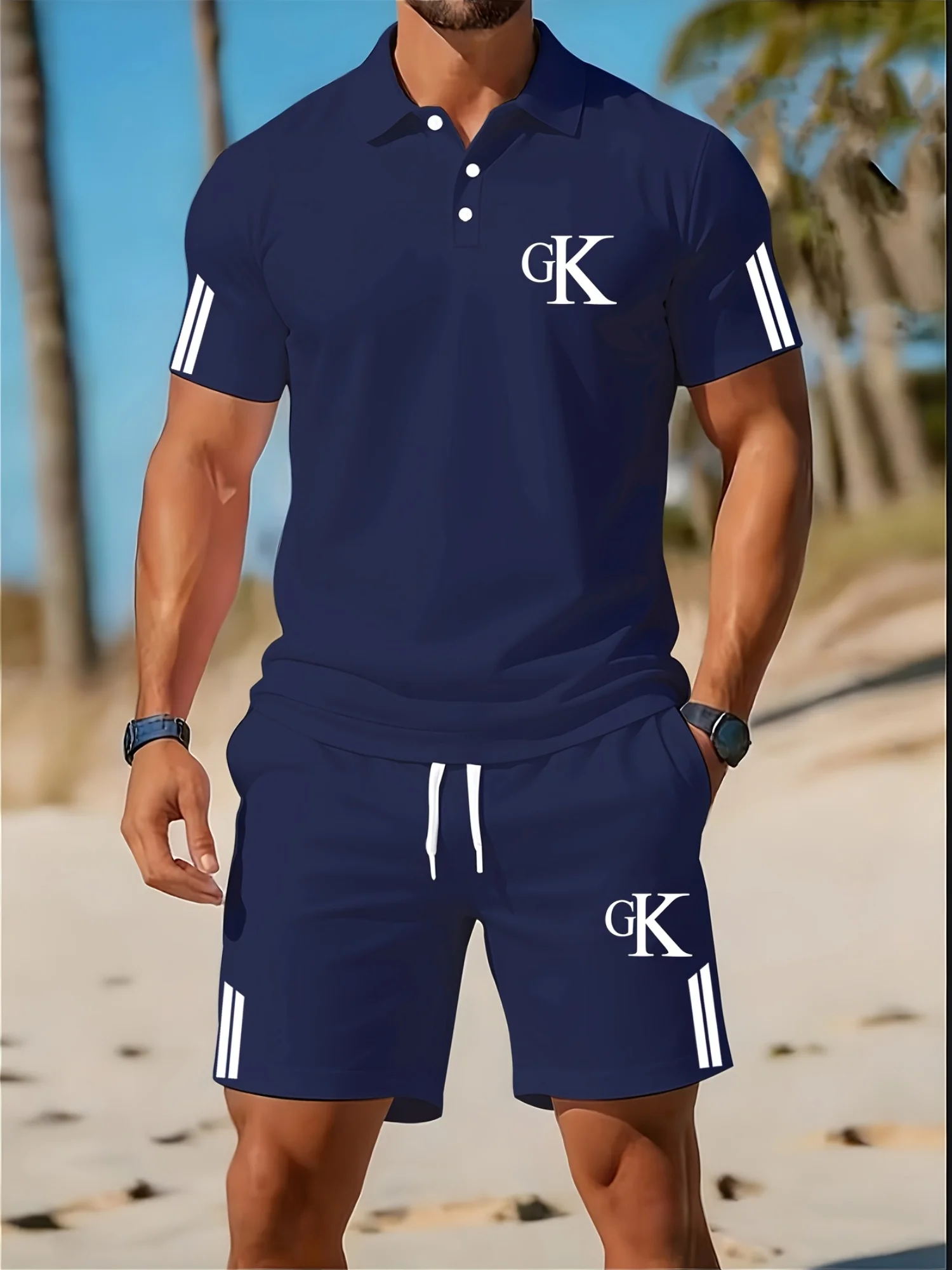 

Solid Color Dark Blue Side Stripe Men's Two-piece Casual Outfit Letter Pattern Polo Top and Drawstring Shorts Outdoor