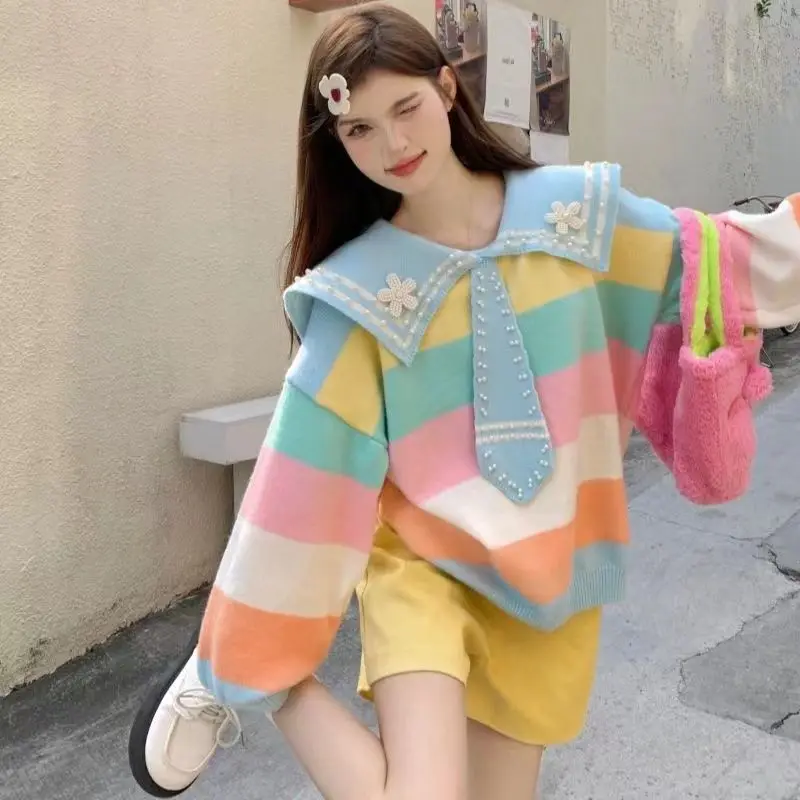 Women Knitwear 2024 Autumn Winter New Sweet Age-Reducing Contrast Color Striped Lazy Loose Doll Sweater