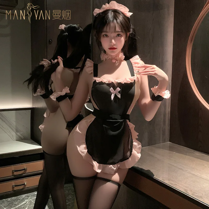 Lolita Cute Maid Dress Uniform French Apron Anime Role Play Women Sexy Lingerie See Through Lace Maid Servant Cosplay Costumes