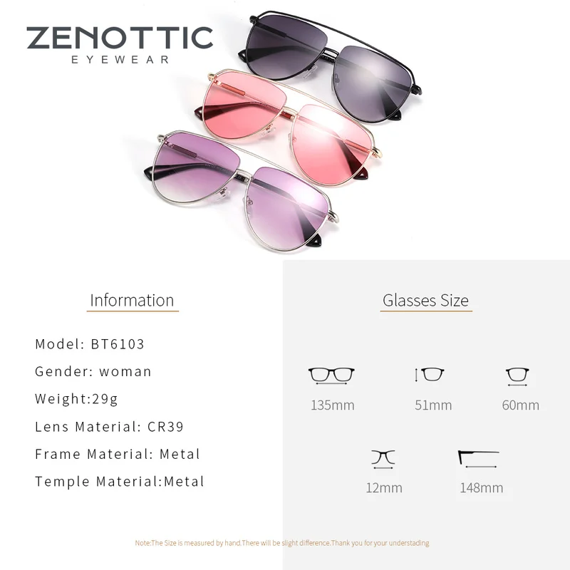 ZENOTTIC Trend Pilot Gafas de sol Moda para mujer Doble puente Metal UV400 Gafas de sol con gradiente Gafas de sol para mujer al aire libre