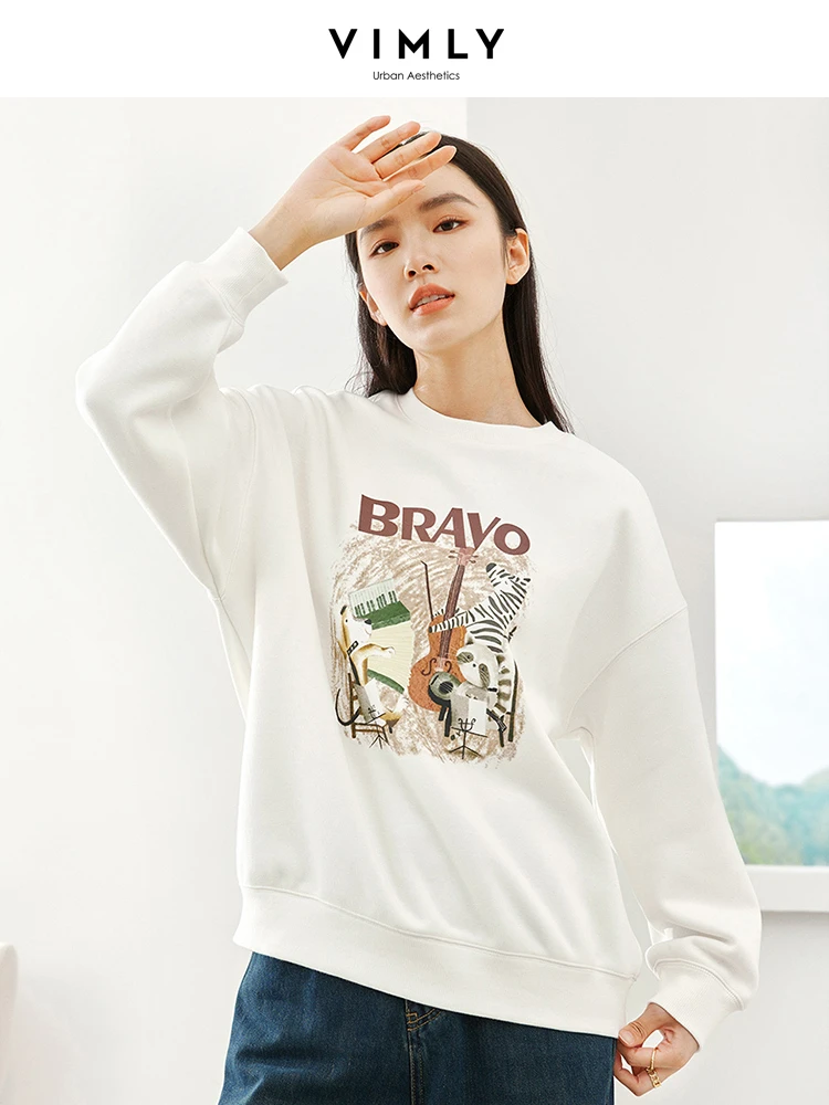 Vimly White O-neck Pullover Sweatshirt 2023 Winter Warm Casual Loose Letter Printed Long Drop Sleeve Tops Women\'s Clothing M5226