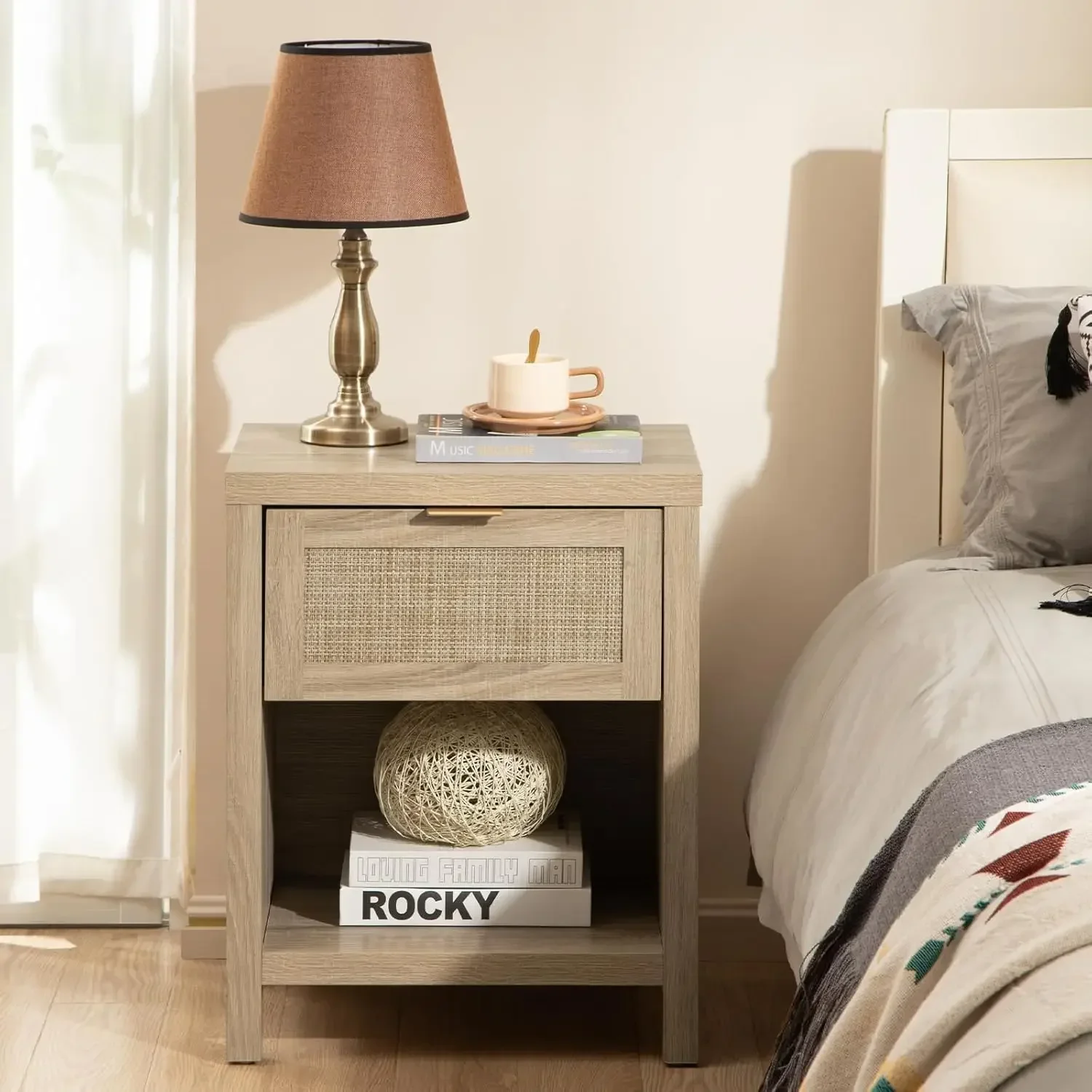 Rattan Nightstands Set Of Two Farmhouse Bedside Tables With Drawer Storage Shelf Boho End Tables For Bedroom Light Oak