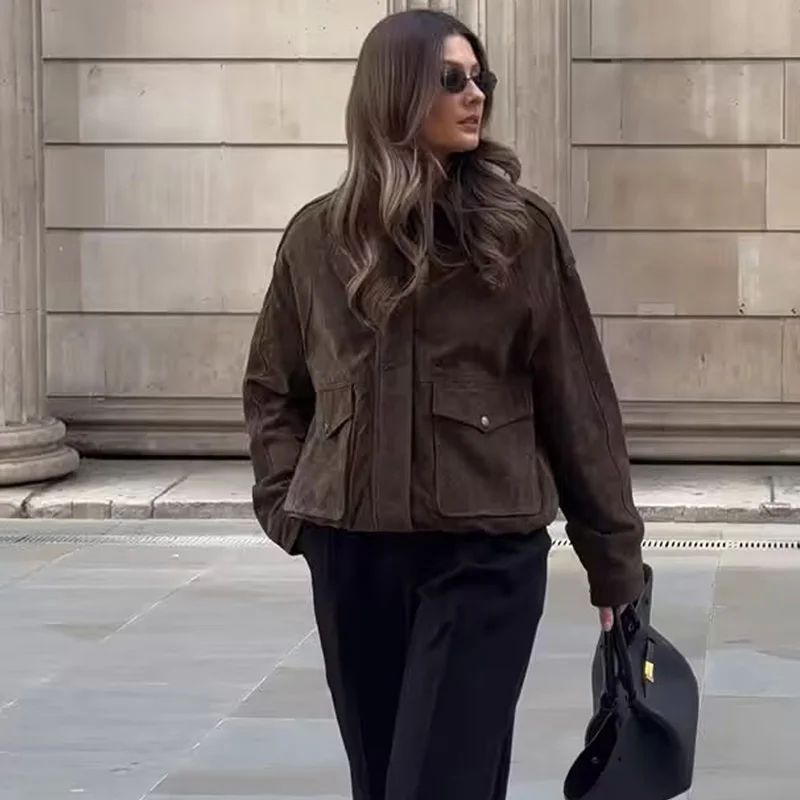 Women's Suede Zip Up Jacket Spring 2026 Cropped Pockets Long Sleeve Coat Women Loose Lapel Jacket Streetwear
