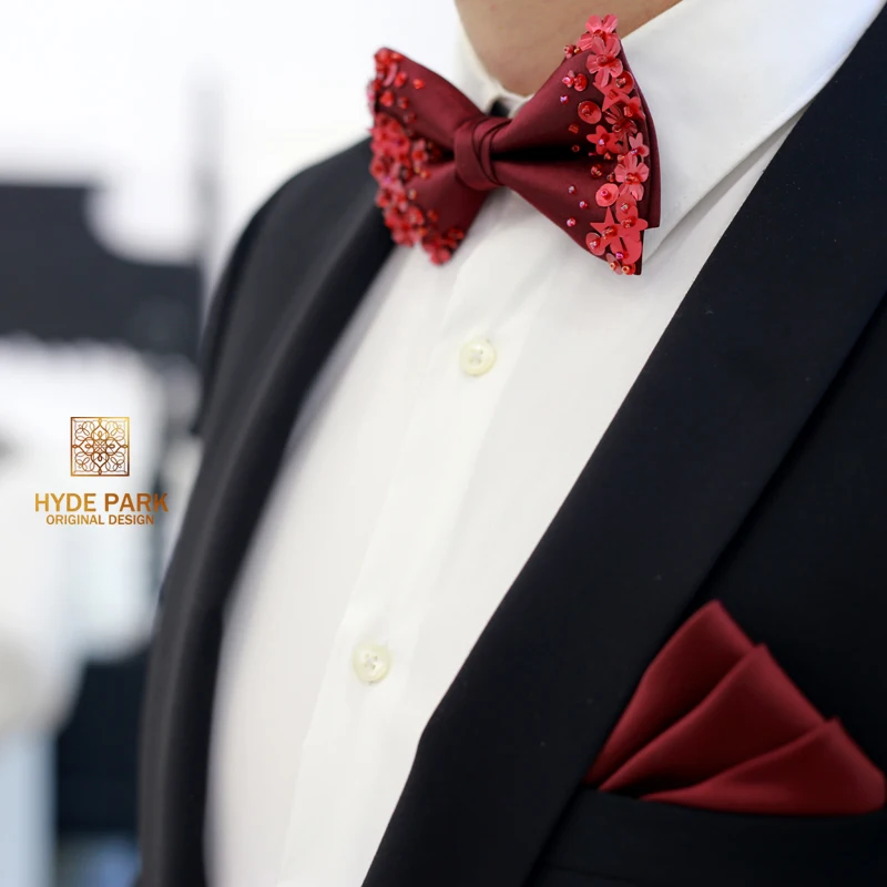 high quality gift box Red flower dark wine red wedding groom groomsman gradient men\'s bow tie