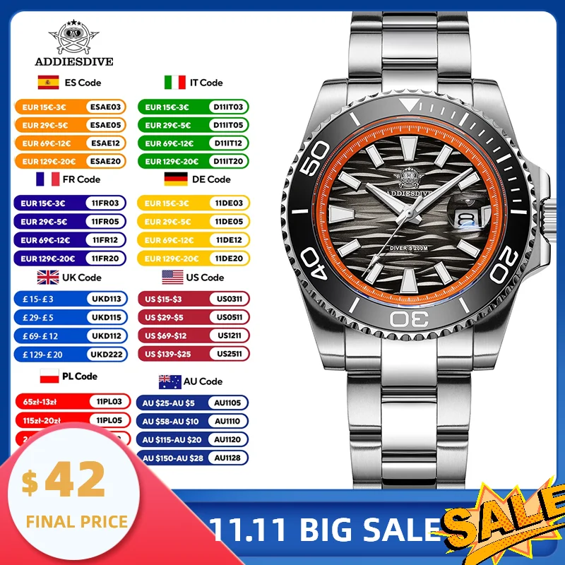 

ADDIESDIVE Роскошные дайверские часы 200 м для мужчин, японские кварцевые 2115 BGW9 Lume, керамический безель, антибликовый минеральный кристалл, нержавеющая сталь